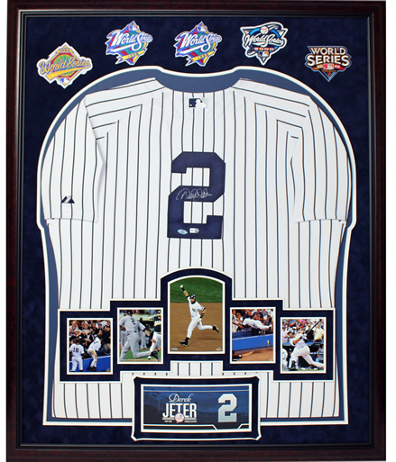 FRAMED 32X40 ELITE DEREK JETER AUTOGRAPHED YANKEES HOME JERSEY WITH CAREER MOMENTS & 5 WS PATCHES
