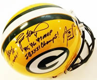 BRETT FAVRE, AARON RODGERS, BART STARR SIGNED AND INSCRIBED GREEN BAY PACKERS AUTHENTIC PROLINE HELMET