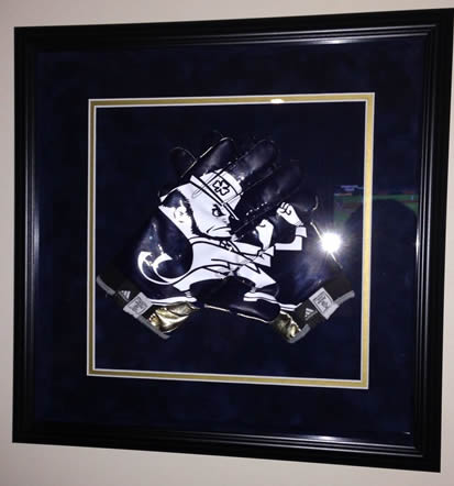 Notre Dame Fighting Irish Adidas Smoke Receiver GAME USED Blue Leprechaun Gloves Framed and Matted